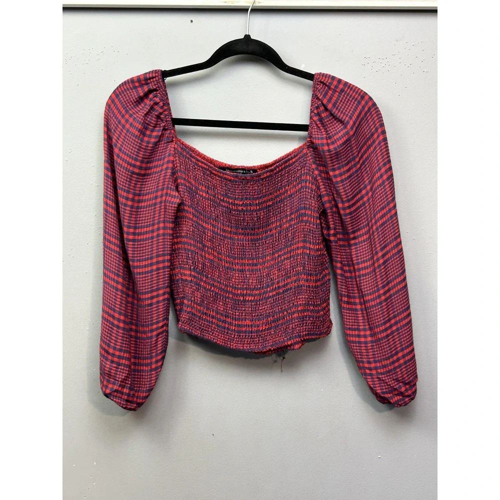 Abercrombie & Fitch Top Womens Medium Red Navy Plaid Smocked Cropped Square Neck